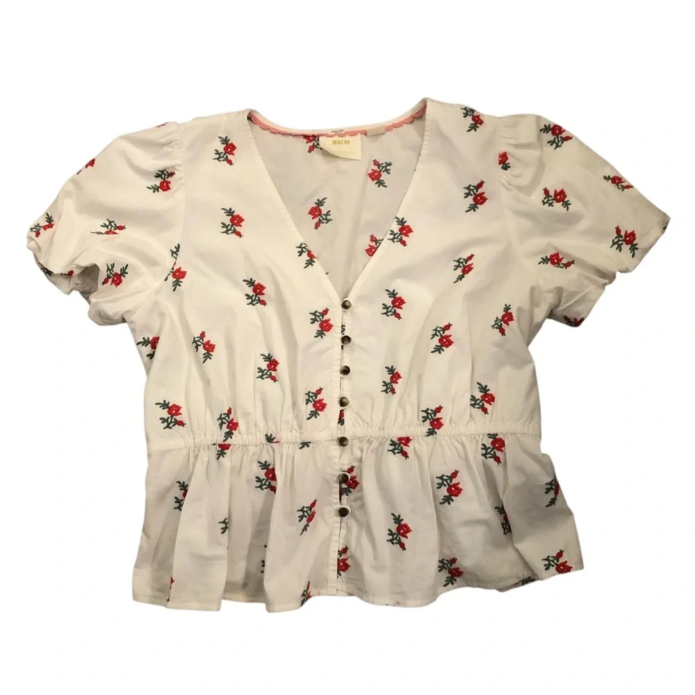 Cottagecore Maeve by Anthropologie white top with red floral embroidery Size 14